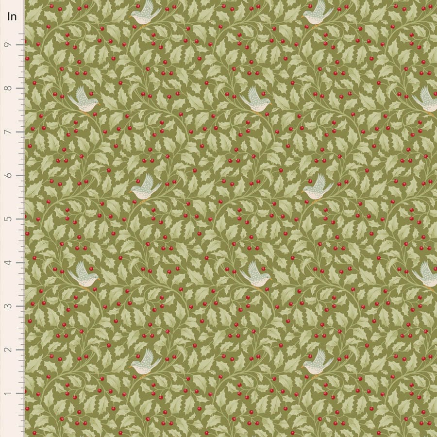 Holly Moss fabric with birds and holly berries, 10 inch.