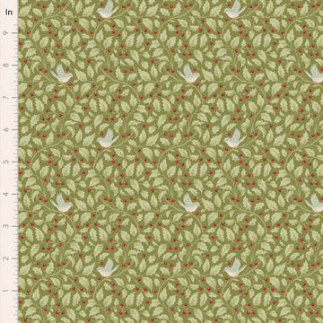 Holly Moss fabric with birds and holly berries, 10 inch.