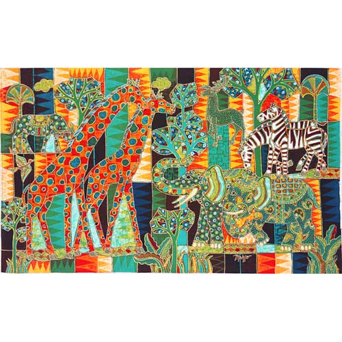Batik Fabric Panel by Mahyar, Giraffe, Elephant & Zebra horizontal