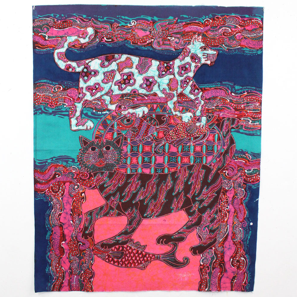 Batik Fabric Panel by Mahyar, 2 cats & a Fish in Pink (medium)