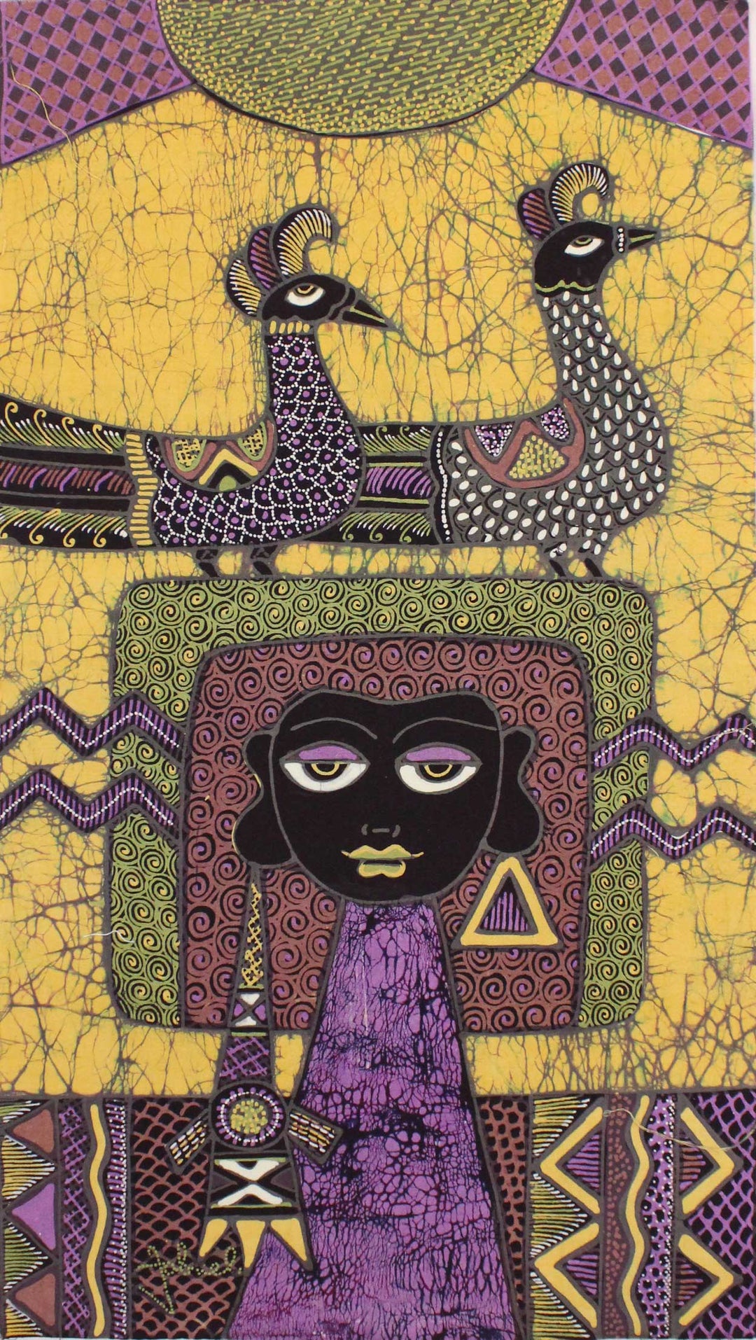 Batik Panel by Jaka, A Women and two birds on Gold, Mini Long
