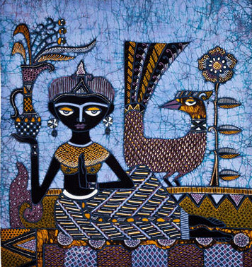 Batik Panel by Jaka, Woman & Bird, Medium on Blue