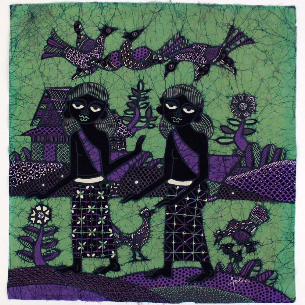 Batik Panel by Jaka, Two Young Girls, Medium on Green