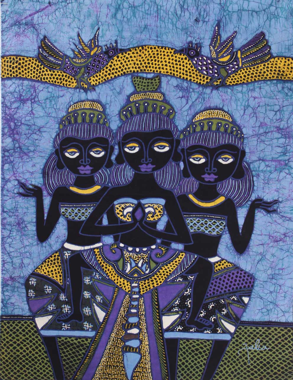 Batik Panel by Jaka, Three Women with Birds on Blue