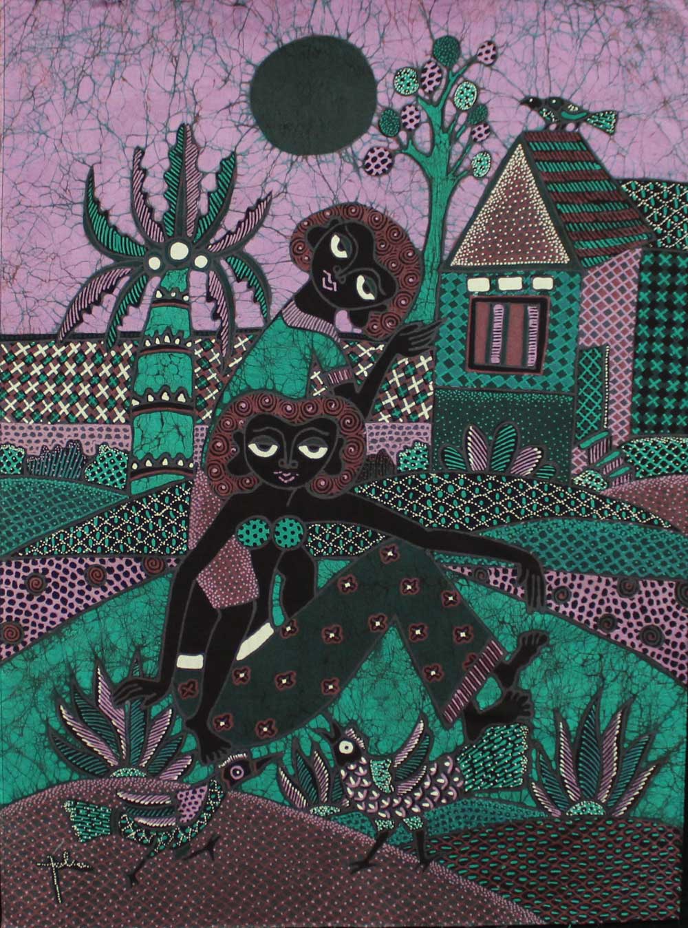 Batik Panel by Jaka, Two Women with House and Trees on Purple