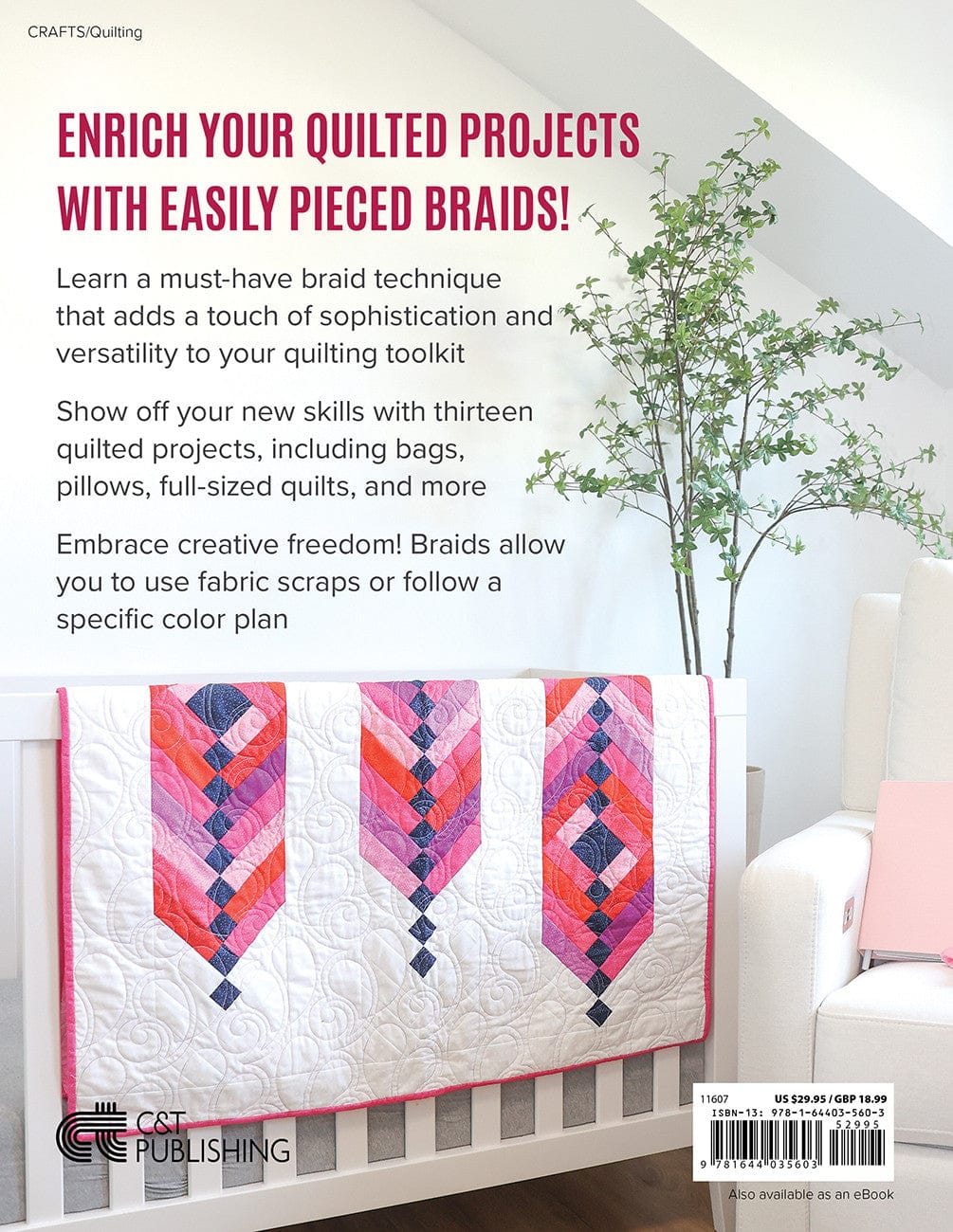 Quilted baby blanket on crib with text overlay.