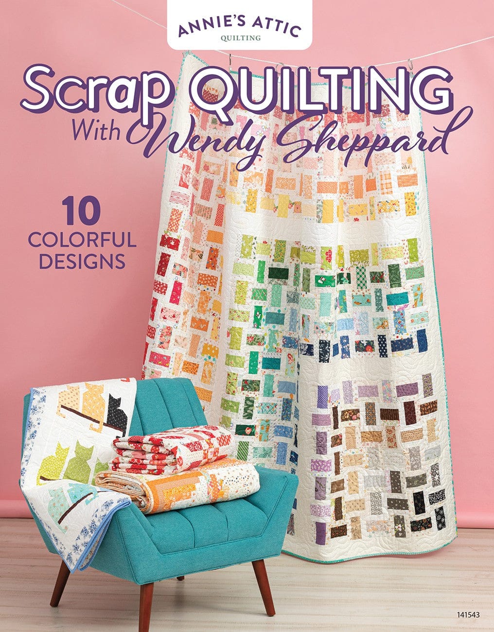 Quilting book cover with quilt, chair, and text.