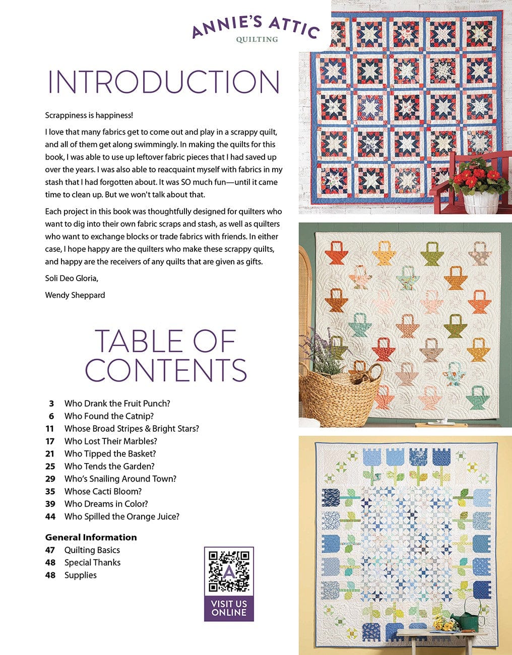 Quilting book page with quilts and table of contents.