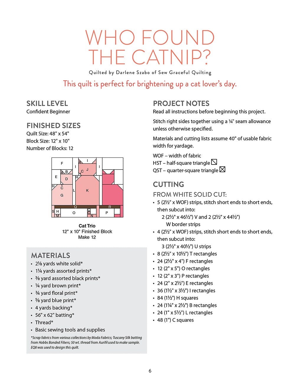 Page from a quilt pattern with text and cat illustrations.