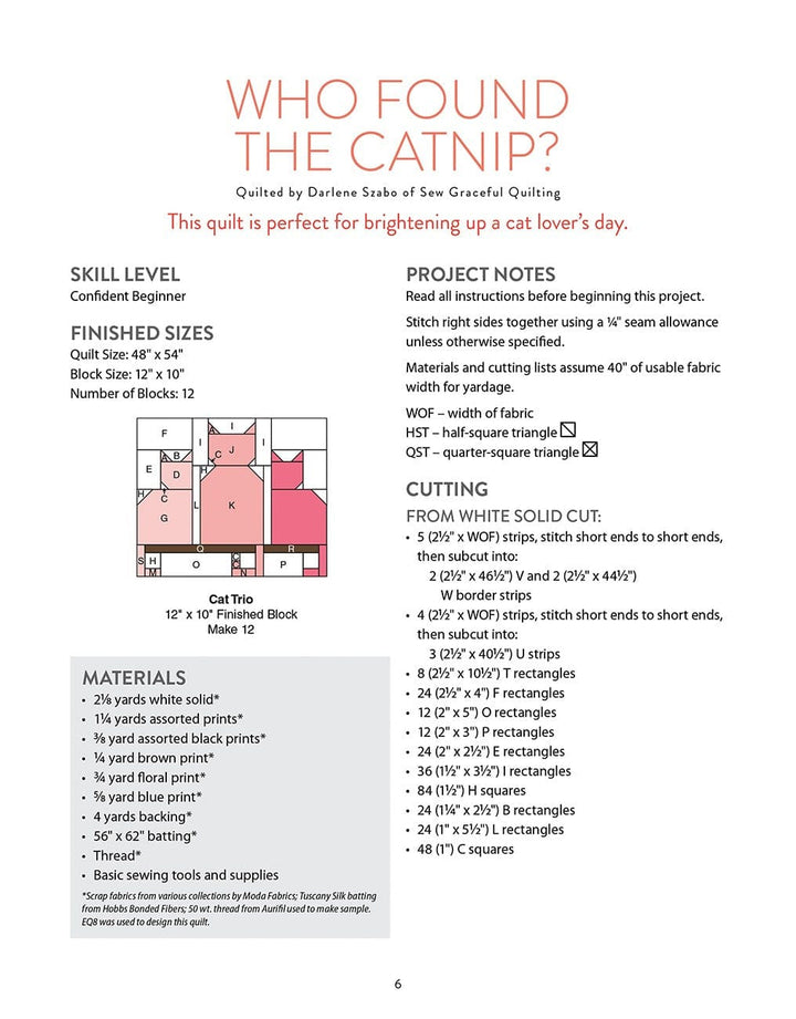 Page from a quilt pattern with text and cat illustrations.