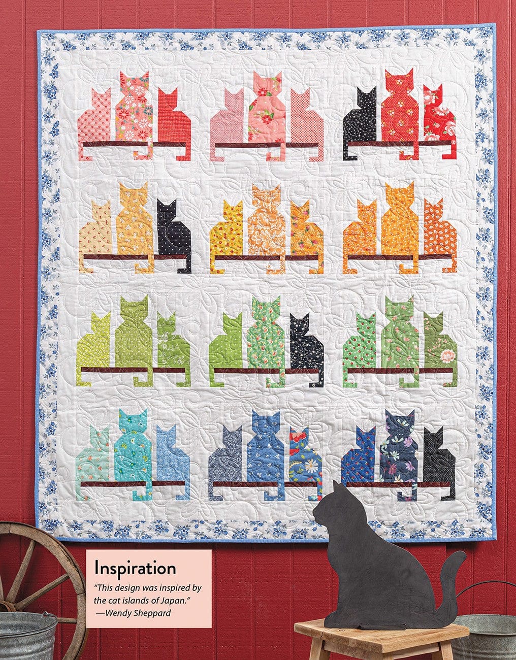 Quilted wall hanging with rows of colorful cat silhouettes.