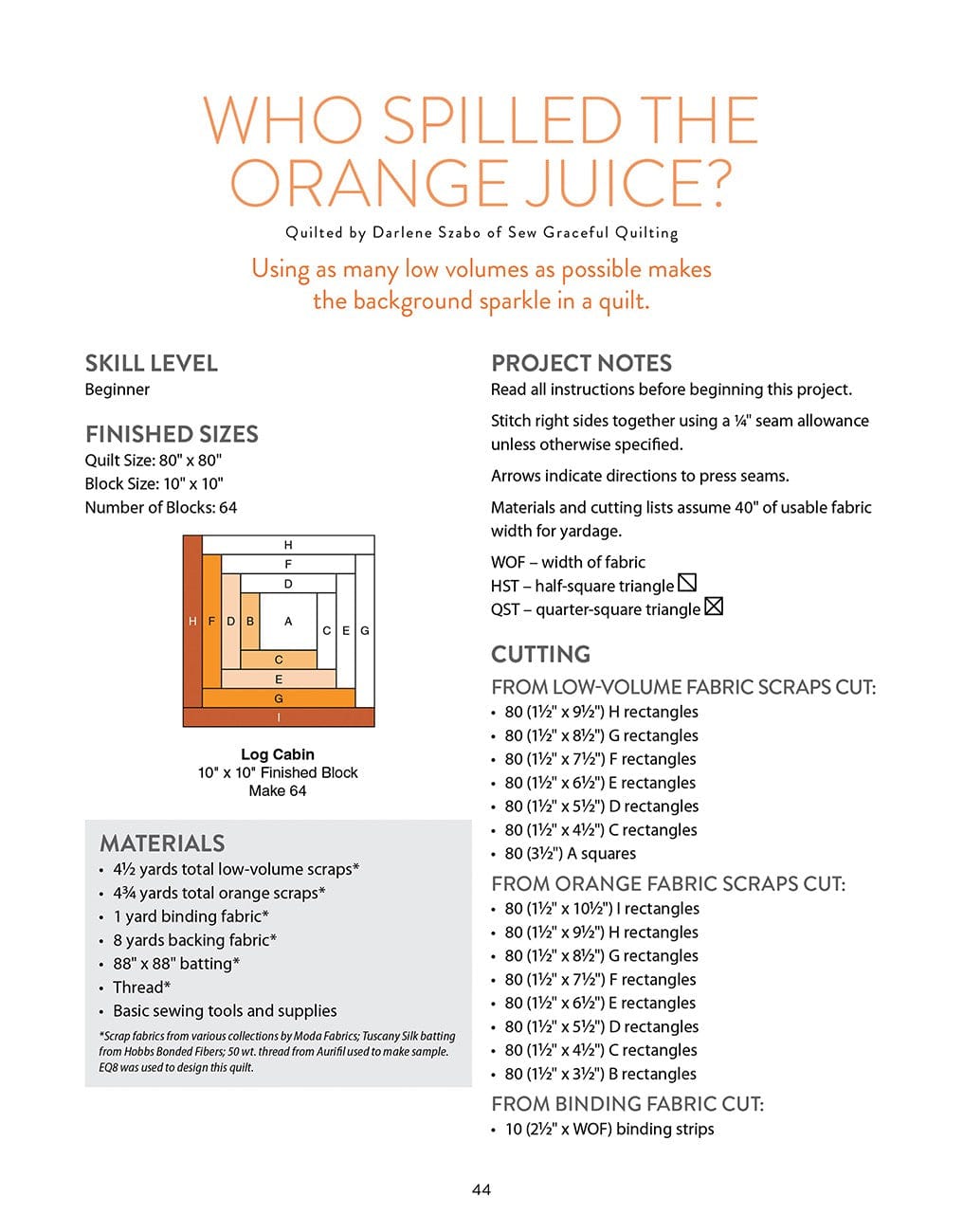 Quilt pattern with orange and neutral fabrics.