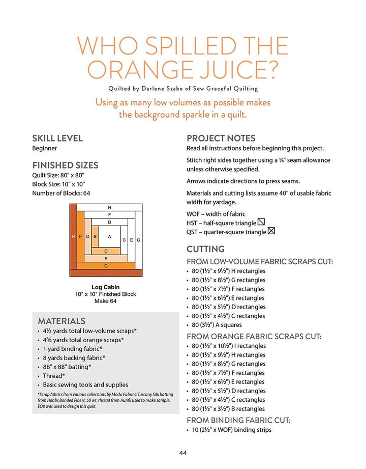 Quilt pattern with orange and neutral fabrics.