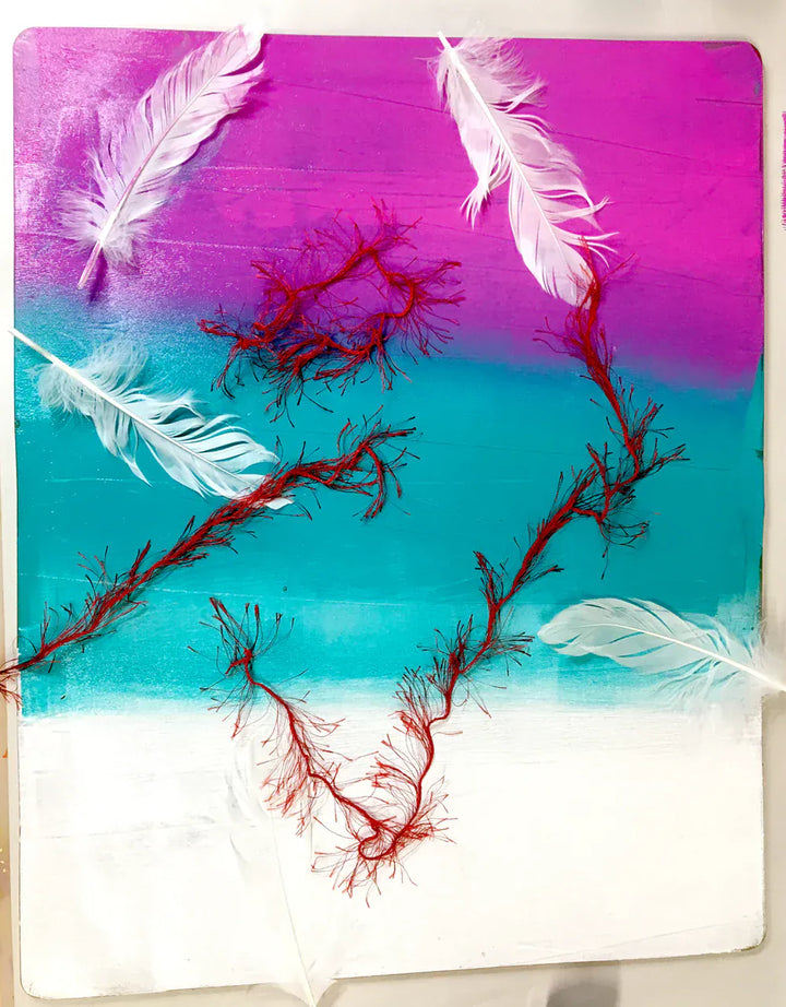 16x20 Feather art with white feathers, red details, and a vibrant color...
