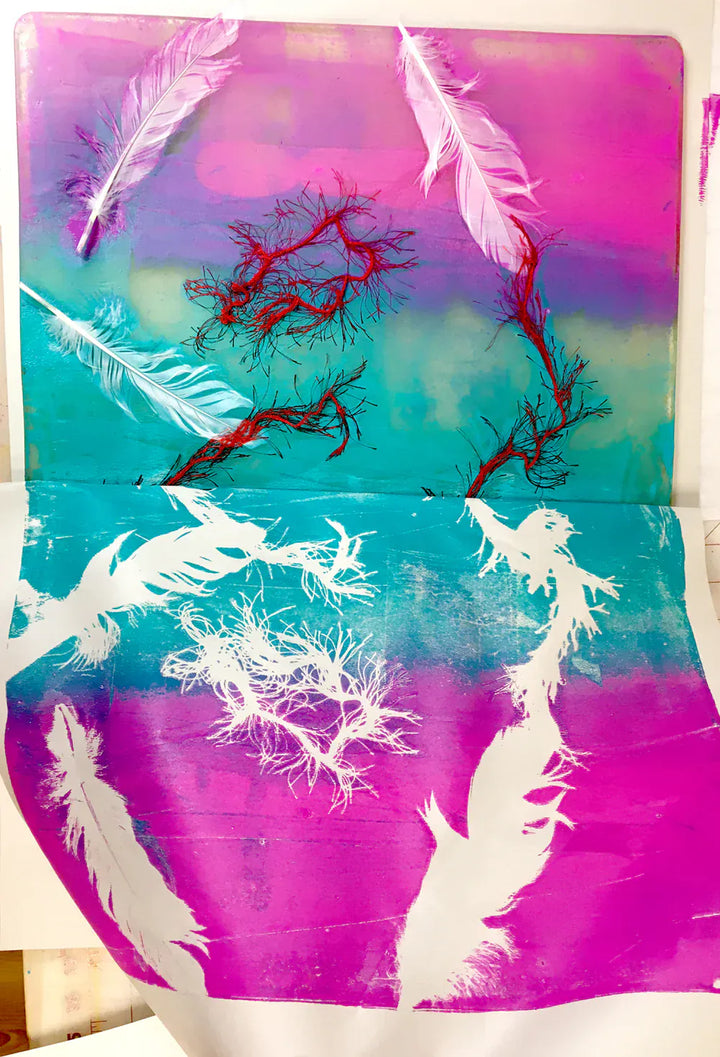 Printmaking pull with feathers and branches, 16x20, pull 1