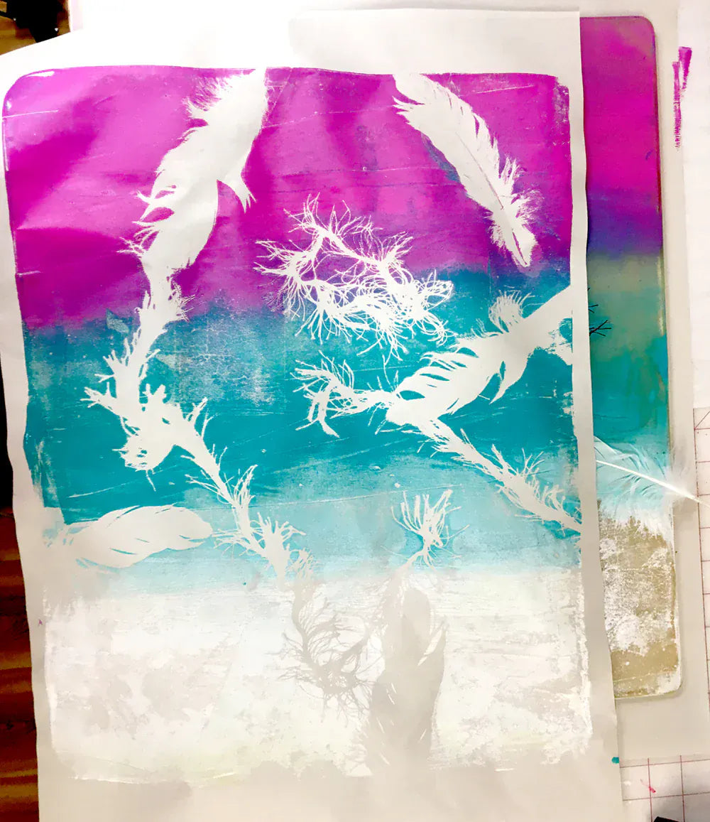 White feather & tree silhouette on colorful watercolor background.
