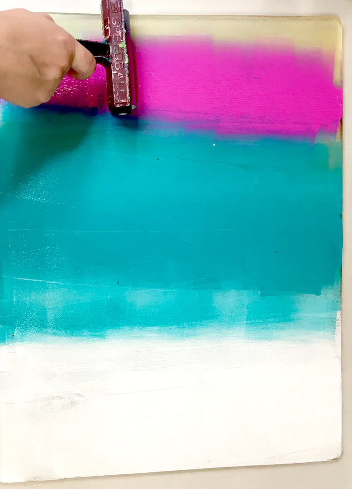 Painting with a roller, teal, pink, and white abstract on 16x20 canvas, roll 1