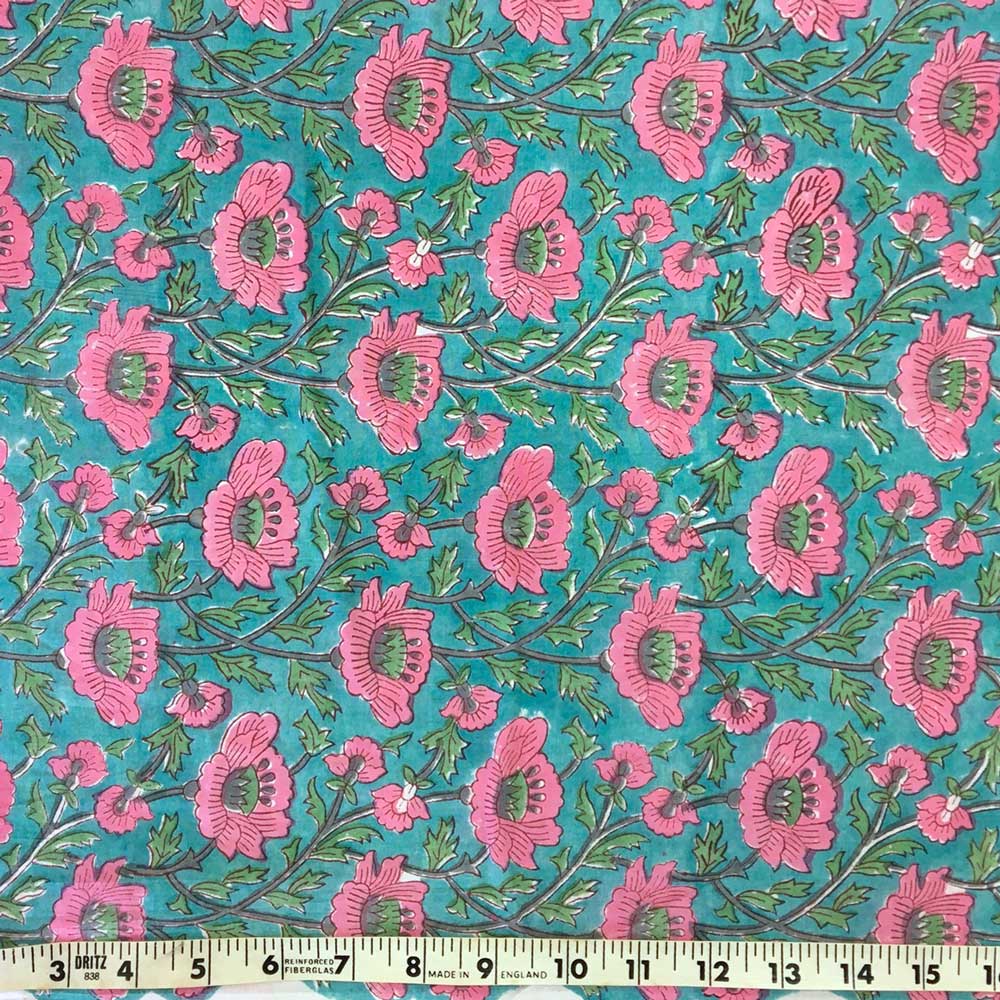 Handmade Block Printed Fabric from India, Pink Flowers on Aqua