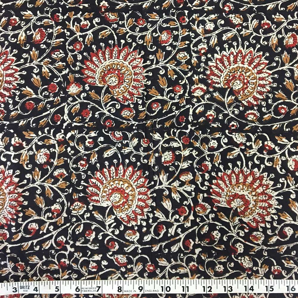Handmade Block Printed Fabric from India, Black, Rust, Mustard & Cream Floral