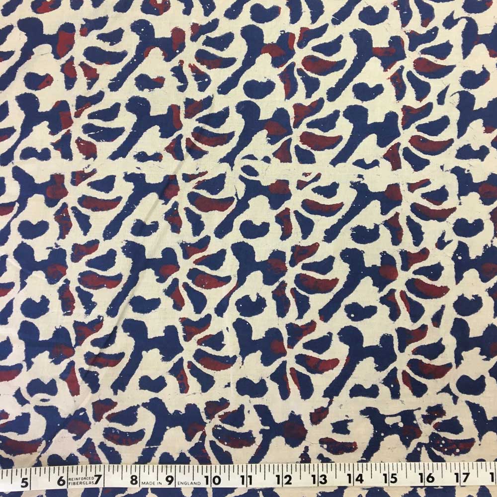 Handmade Block Printed Fabric from India, Navy, Red and Cream Abstract