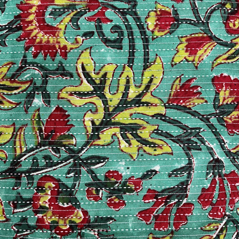 Indian Block Printed: Green Floral with Kantha like Stitching