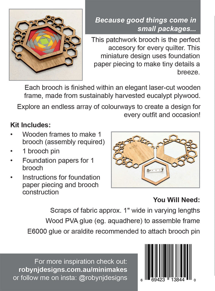 2011EU_1 patchwork brooch kit with wooden frame and foundation paper piecing.