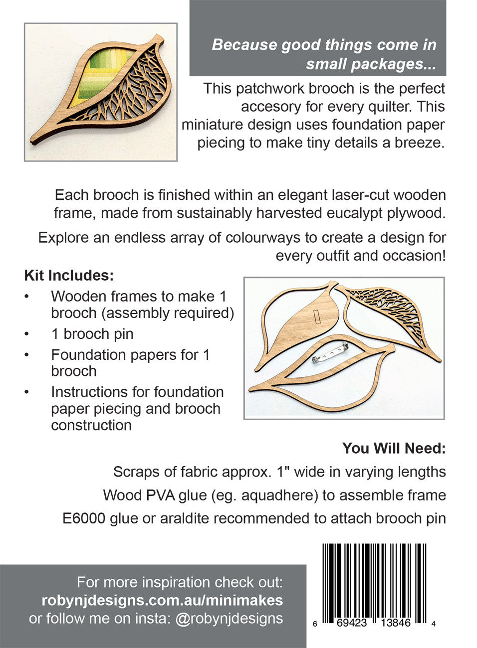 2015EU_1 Patchwork brooch kit details, including wooden frame, pin & papers.