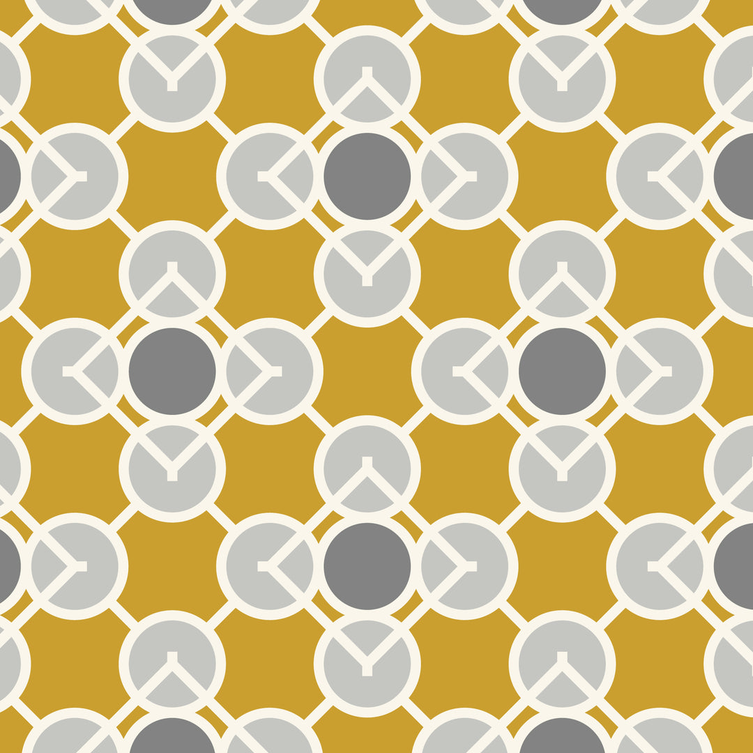Geometric pattern of circles and lines on a yellow background.