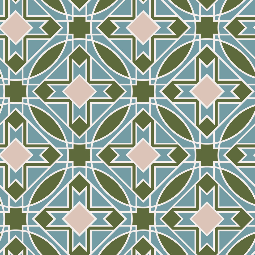Geometric pattern with teal, green, and beige shapes.