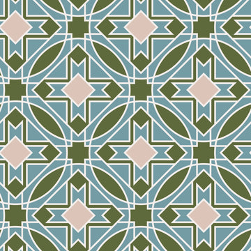 Geometric pattern with teal, green, and beige shapes.