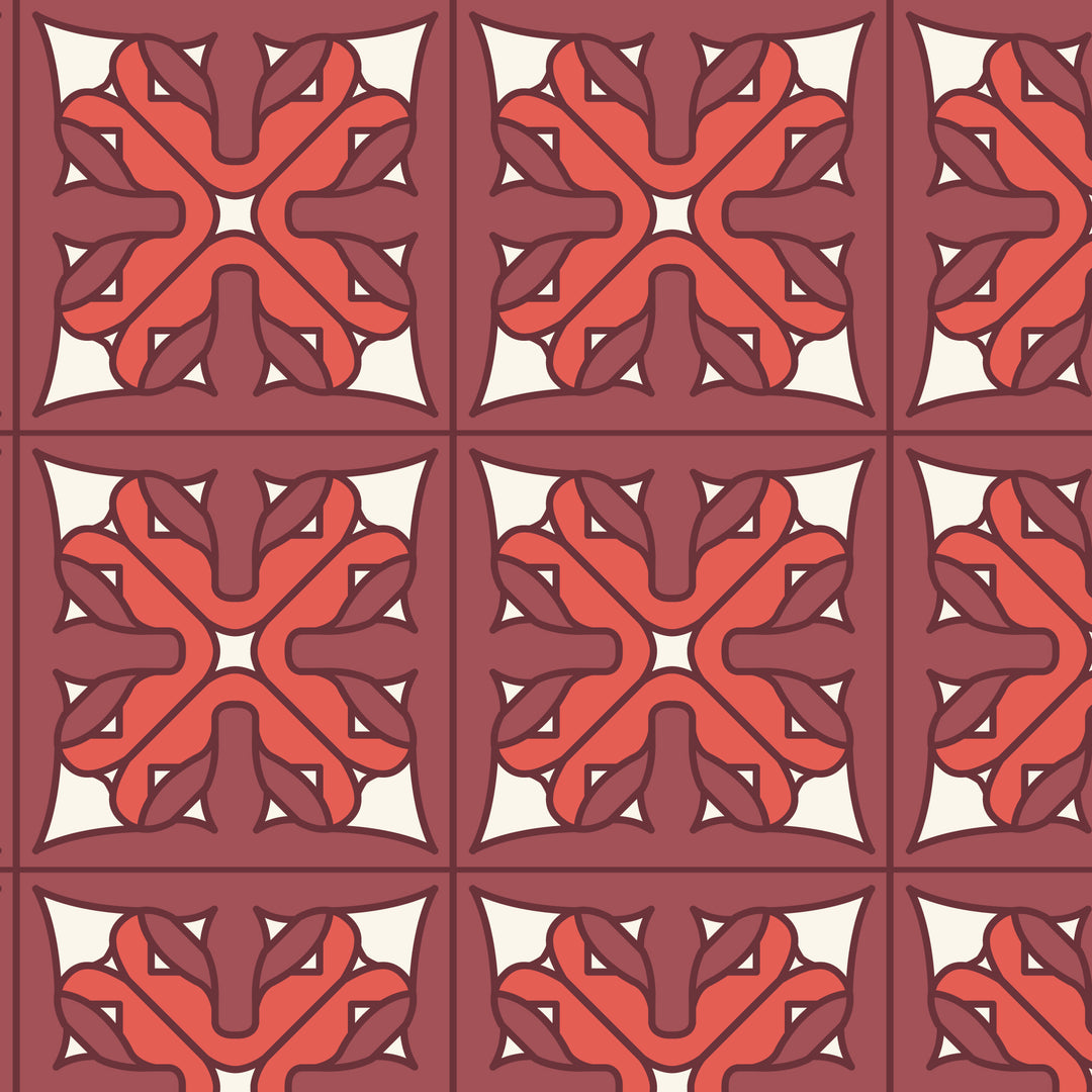 Repeating geometric pattern of red and maroon shapes.