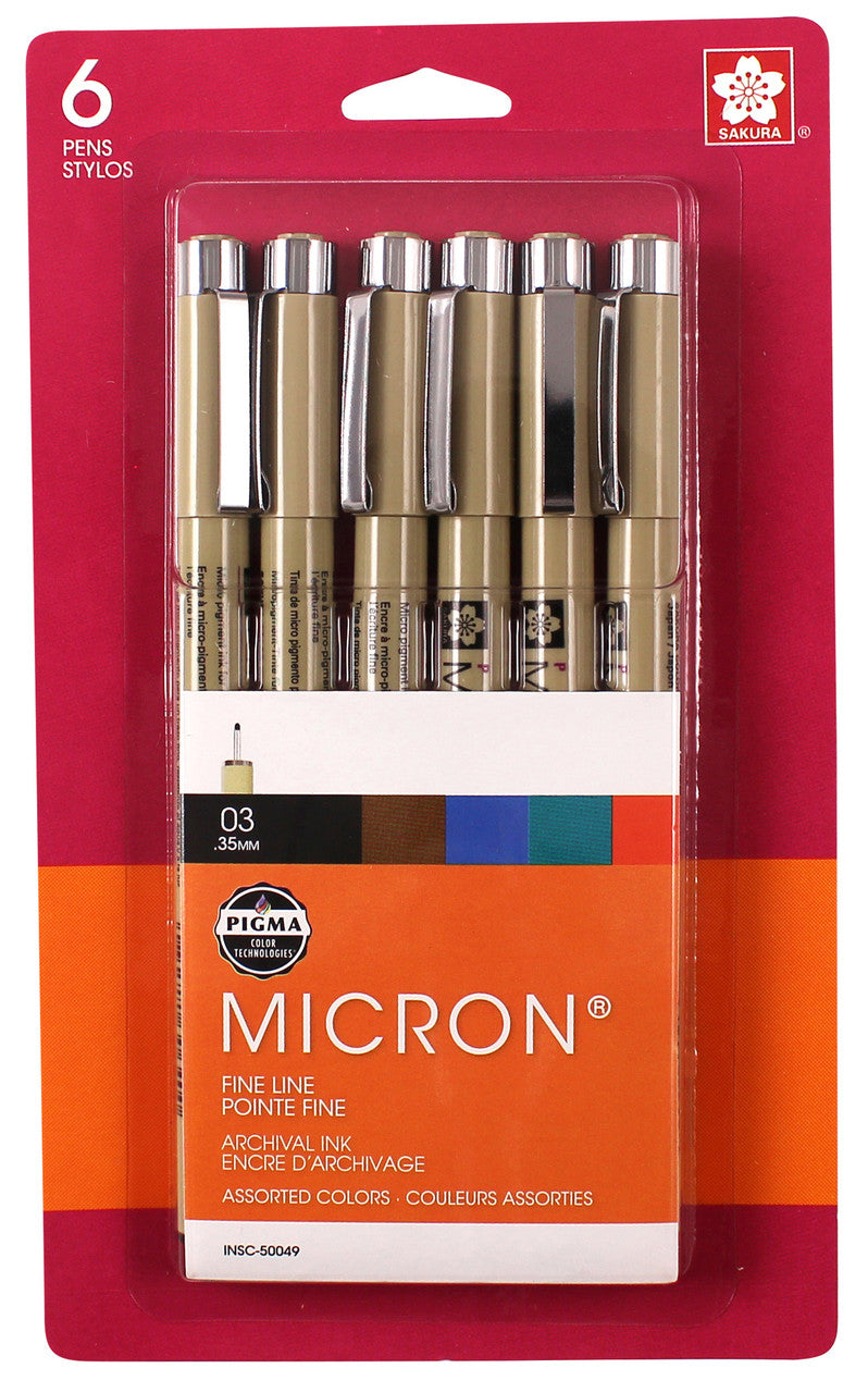 Pigma Micron Pens, 0.35mm Five Colors, 6pcs