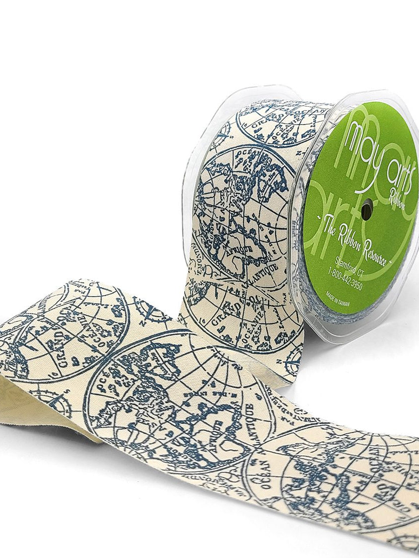 2 Inch Ivory Canvas Globe Ribbon in Blue