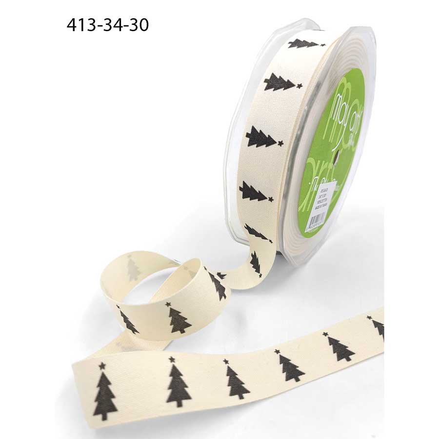 3/4 in. Ivory Canvas Ribbon, Holiday Tree with Star