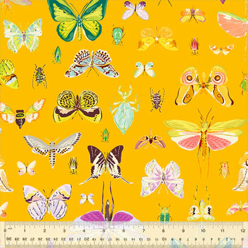 Butterfly and insect pattern on yellow fabric