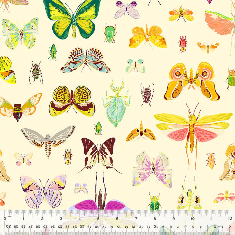 Butterfly and insect pattern on cream fabric