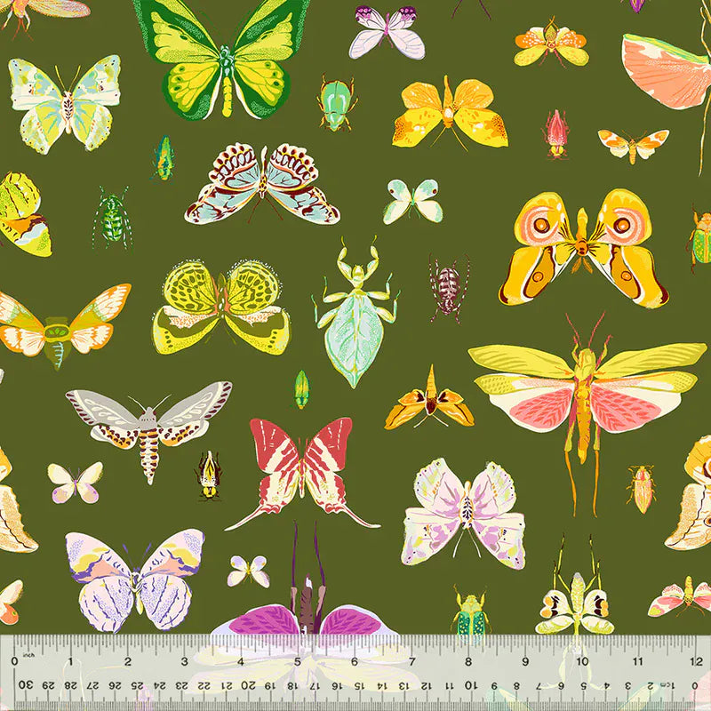 Butterfly and insect pattern on olive green fabric