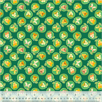Fabric pattern with green background and floral design.