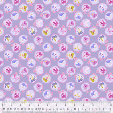 Purple floral fabric with pansies and a ruler.
