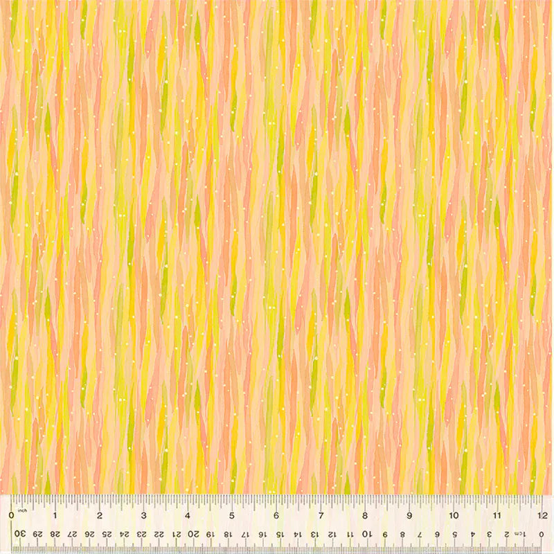 Abstract fabric pattern with yellow, orange, and green vertical stripes.