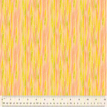 Abstract fabric pattern with yellow, orange, and green vertical stripes.