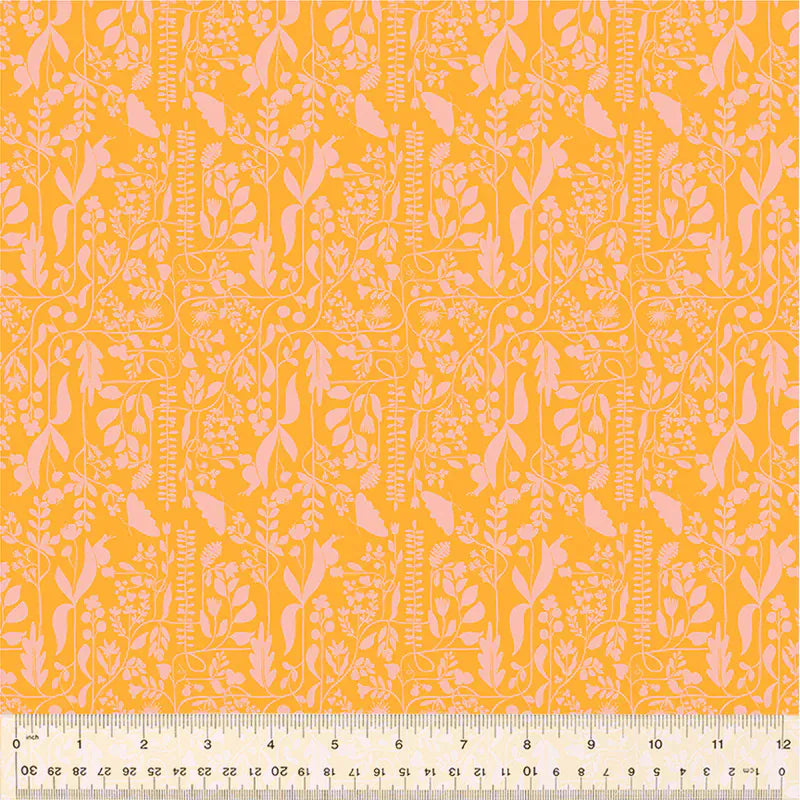 Yellow floral fabric with pink details, measuring 12 inches.