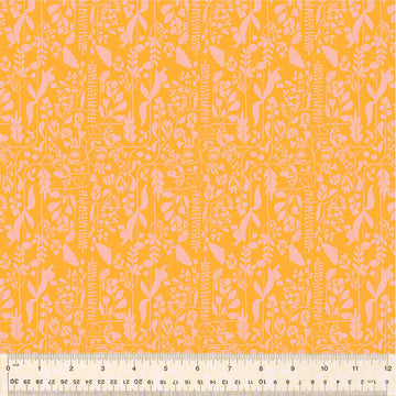 Yellow floral fabric with pink details, measuring 12 inches.