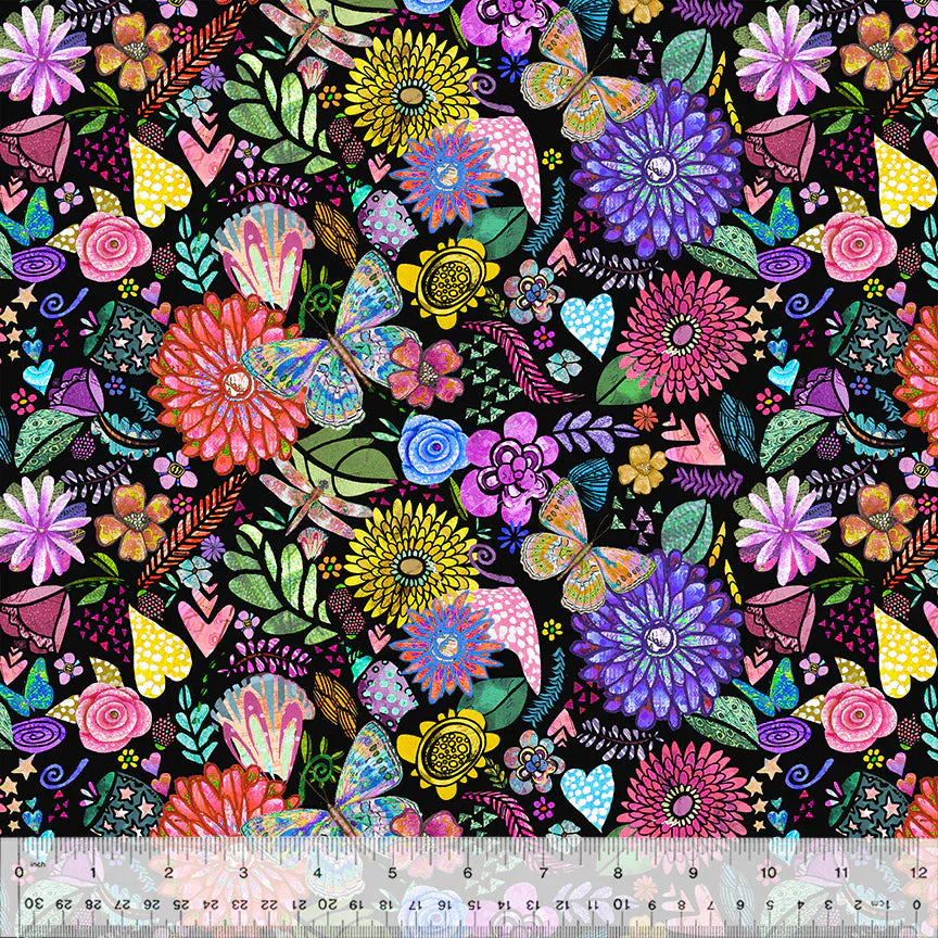 Floral fabric pattern with butterflies and flowers.