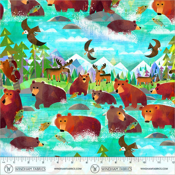 Animal Kingdom by Gareth Lucas - Bathing Bears, Turquoise Bathing Bears Turquoise | Animal Kingdom Fabric by Gareth Lucas
