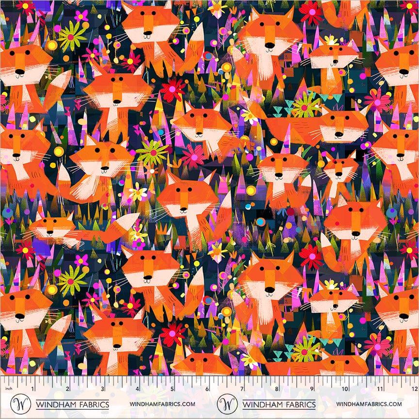 Animal Kingdom by Gareth Lucas - Foxes and Flowers, Midnight Blue Foxes and Flowers Midnight Blue | Animal Kingdom Fabric