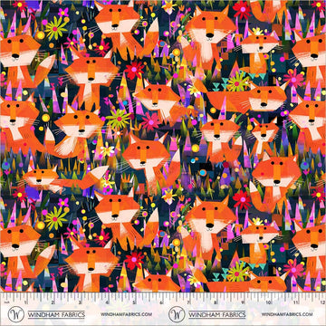 Animal Kingdom by Gareth Lucas - Foxes and Flowers, Midnight Blue Foxes and Flowers Midnight Blue | Animal Kingdom Fabric