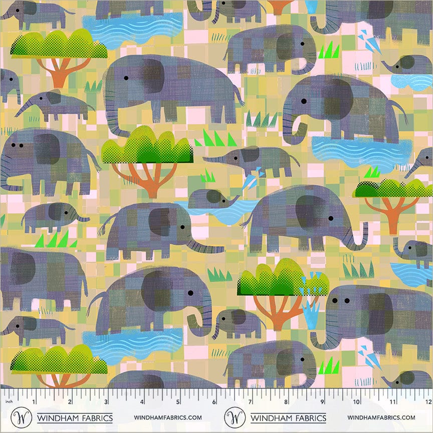 Animal Kingdom by Gareth Lucas - Mama Elephant, Baby Elephant, Yellow Savanna Mama Elephant Baby Elephant | Animal Kingdom Fabric