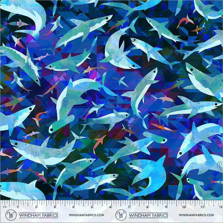 Animal Kingdom by Gareth Lucas - Stealthy Sharks, Midnight Blue Stealthy Sharks Midnight Blue | Animal Kingdom Fabric