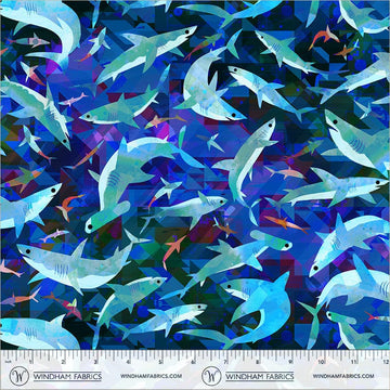 Animal Kingdom by Gareth Lucas - Stealthy Sharks, Midnight Blue Stealthy Sharks Midnight Blue | Animal Kingdom Fabric